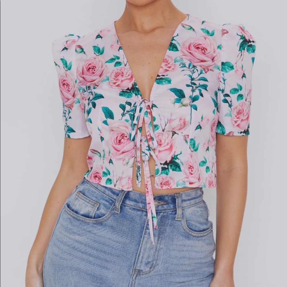 Pink floral printed tie front shirt sleeve